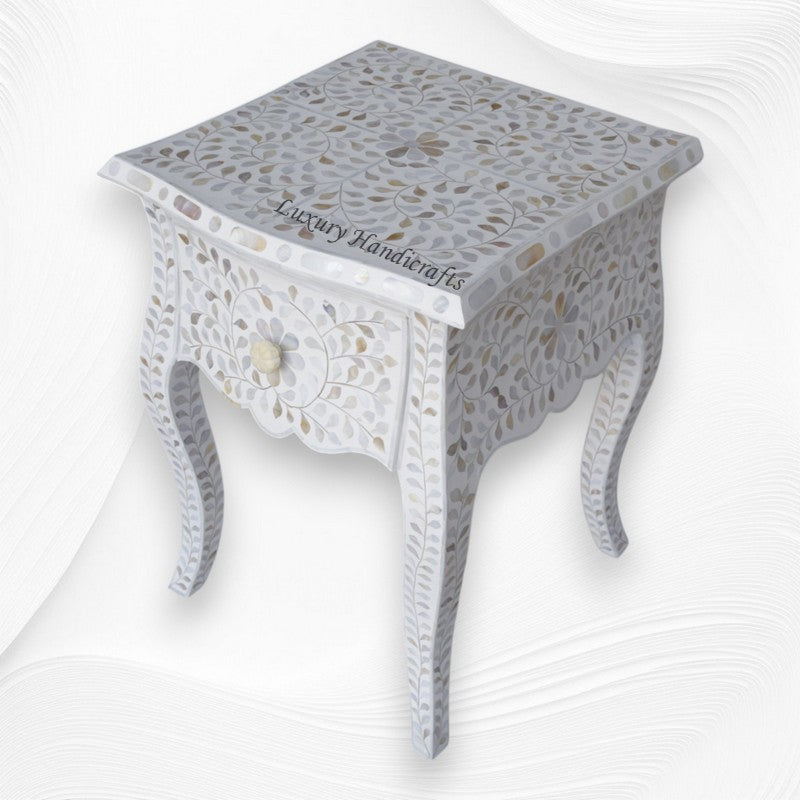 White Mother Of Pearl Inlay French Bedside 1 Drawer Floral Design
