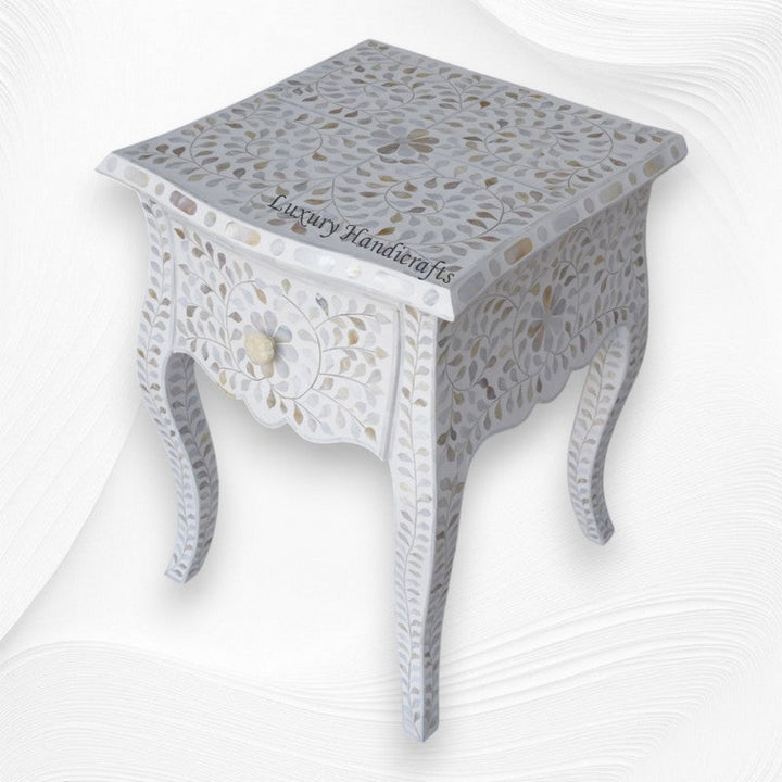 White Mother Of Pearl Inlay French Bedside 1 Drawer Floral Design