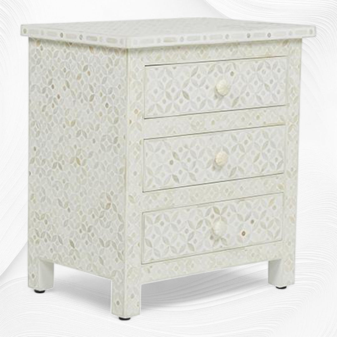 White Bone Inlay 3 Drawer Bedside Geometric