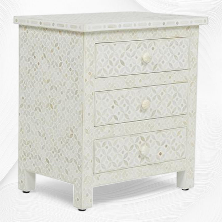 White Bone Inlay 3 Drawer Bedside Geometric