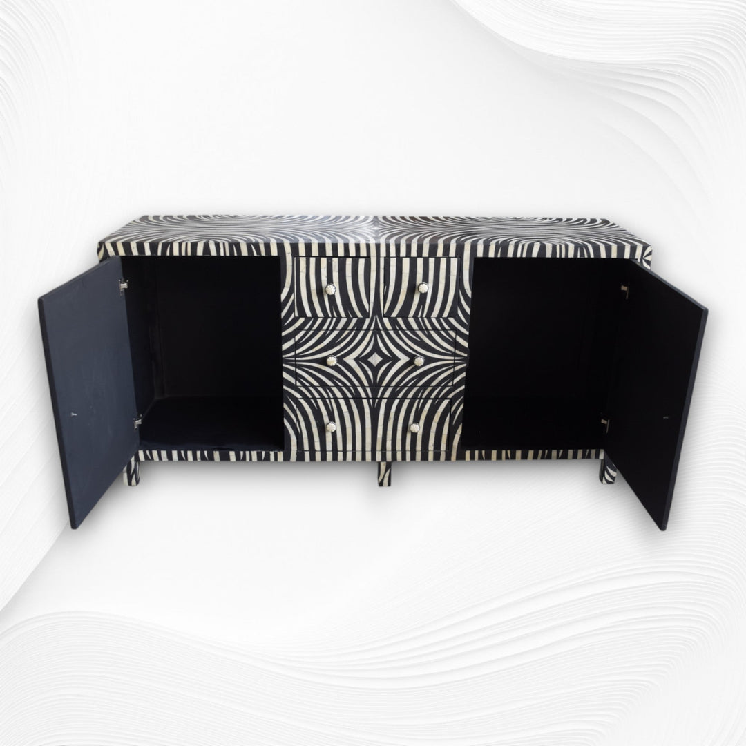 Black Zebra Bone Inlay 2 Door 4 Drawer Buffet