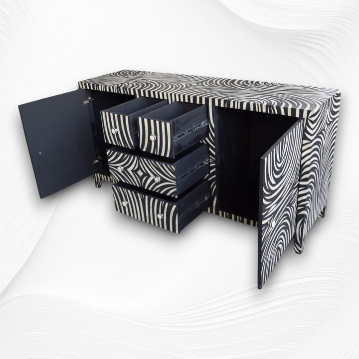 Black Zebra Bone Inlay 2 Door 4 Drawer Buffet