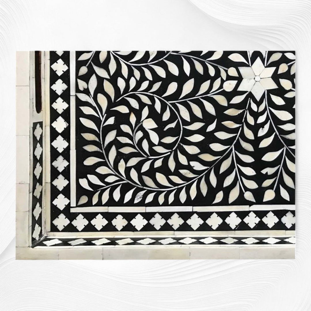Black Bone Inlaid Rectangular Tray Floral Design | Bone Inlay Serving Tray
