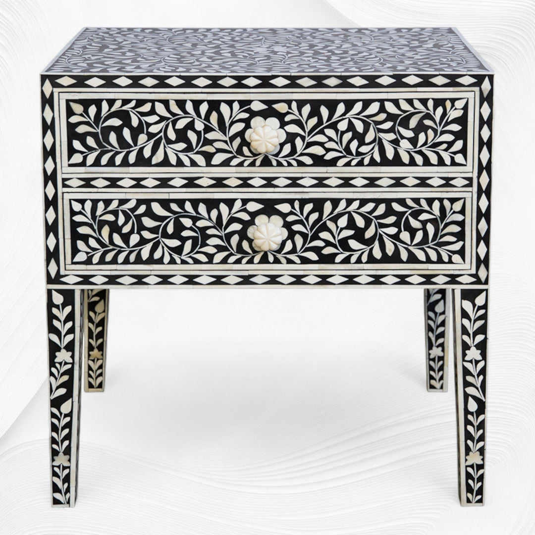 Black Bone Inlay 2 Drawer Bedside Long Leg