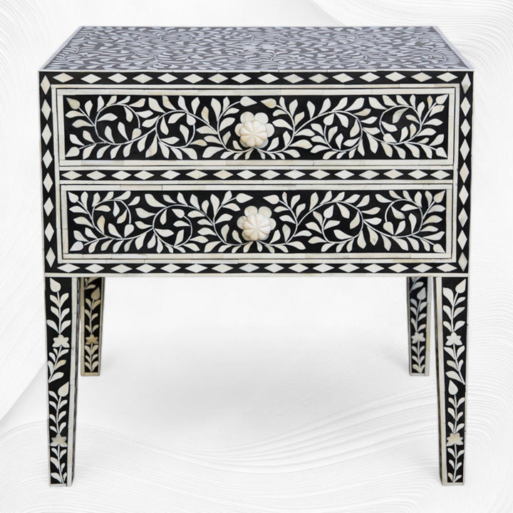 Black Bone Inlay 2 Drawer Bedside Long Leg