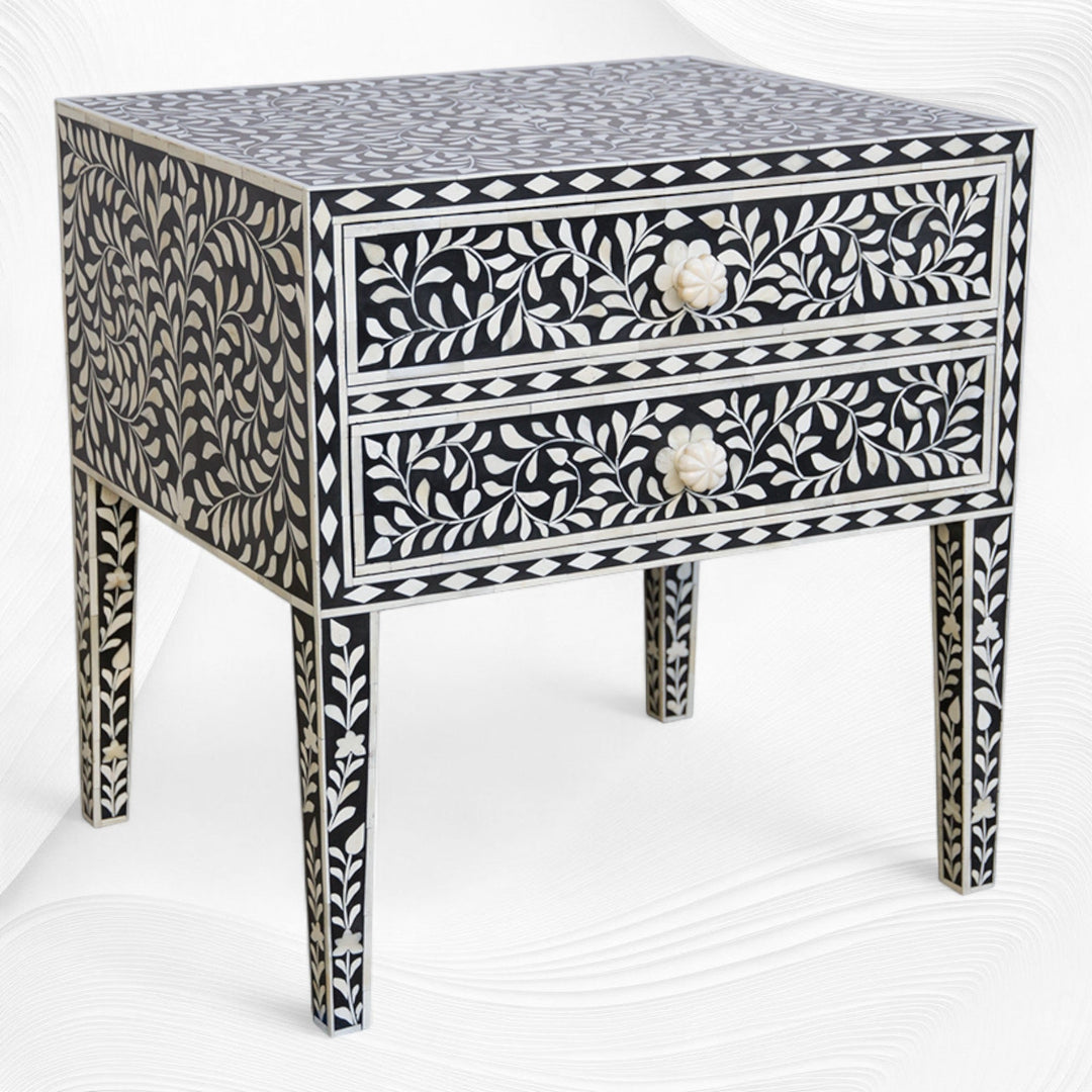 Black Bone Inlay 2 Drawer Bedside Long Leg