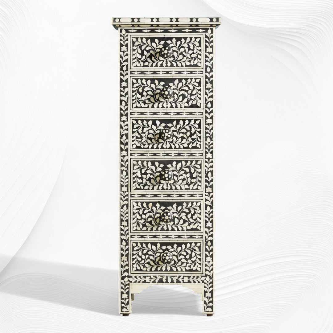 Black Bone Inlay 6 Drawer Floral Lingerie Chest