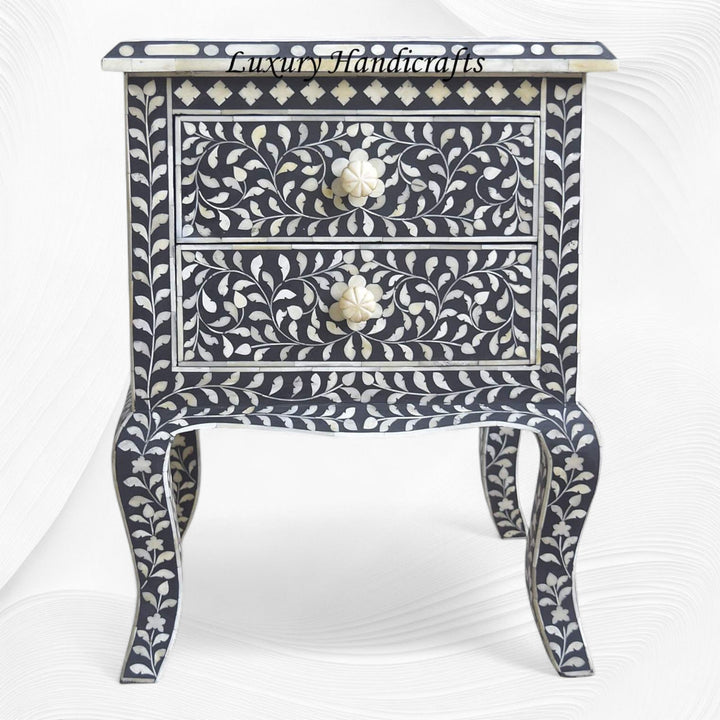 Black Bone Inlay Floral 2 Drawer Curved Leg Bedside
