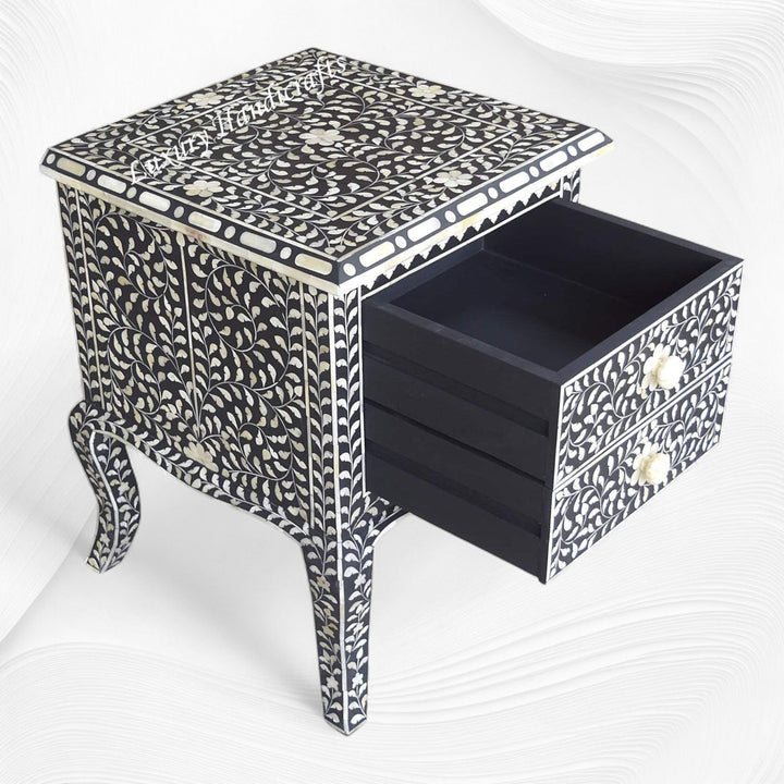 Black Bone Inlay Floral 2 Drawer Curved Leg Bedside