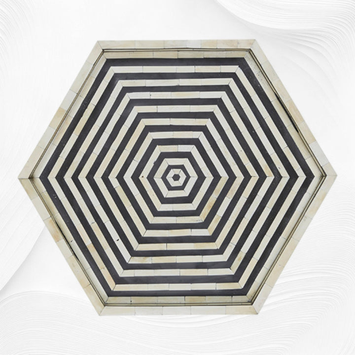 Black Bone Inlay Tray Hexagon | Black And White Bone Inlay Tray