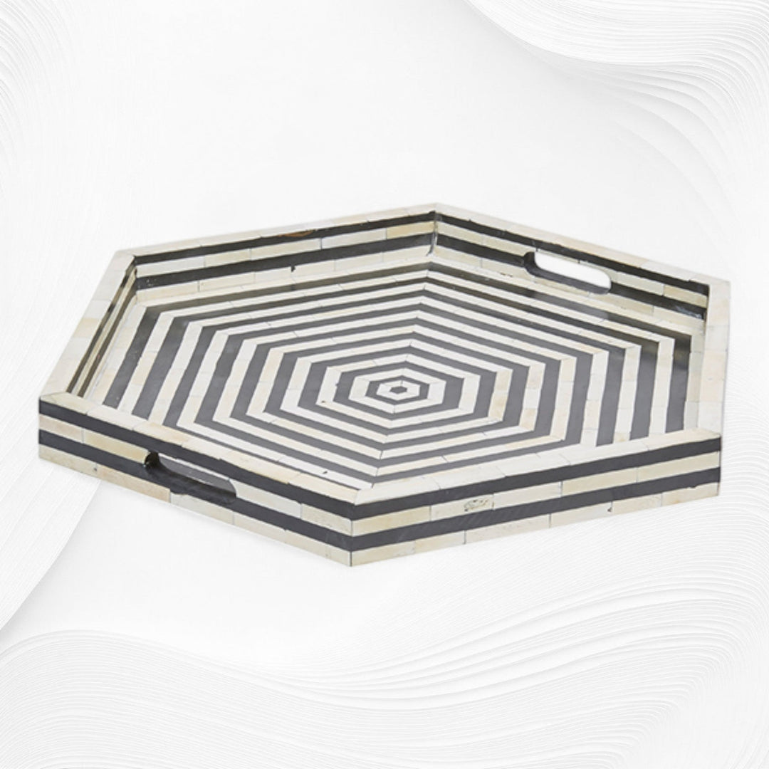 Black Bone Inlay Tray Hexagon | Black And White Bone Inlay Tray