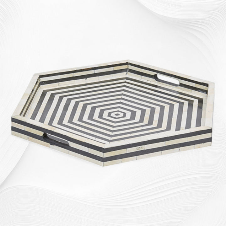 Black Bone Inlay Tray Hexagon | Black And White Bone Inlay Tray