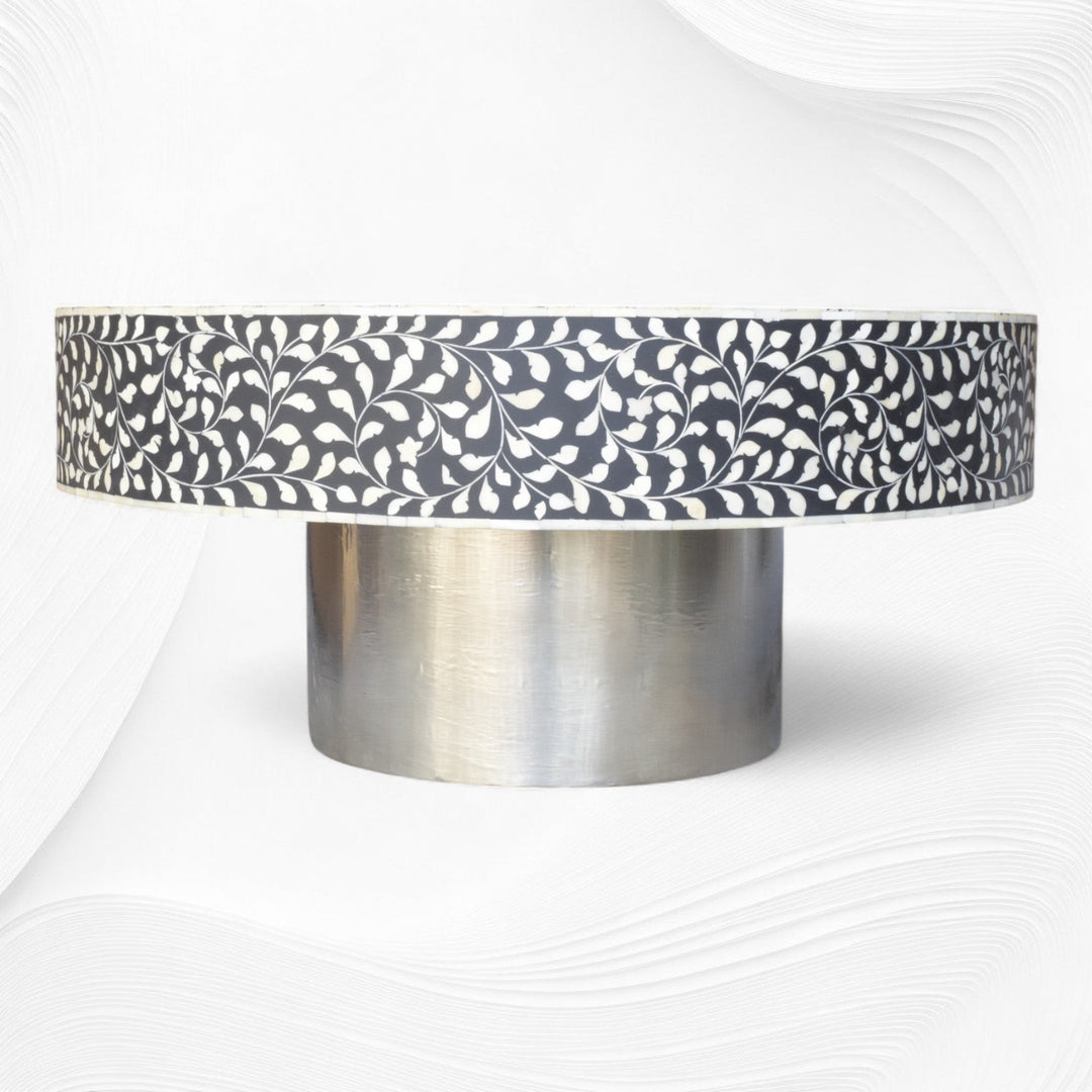 Black Scroll Vine Bone Inlay Coffee Table Silver Base