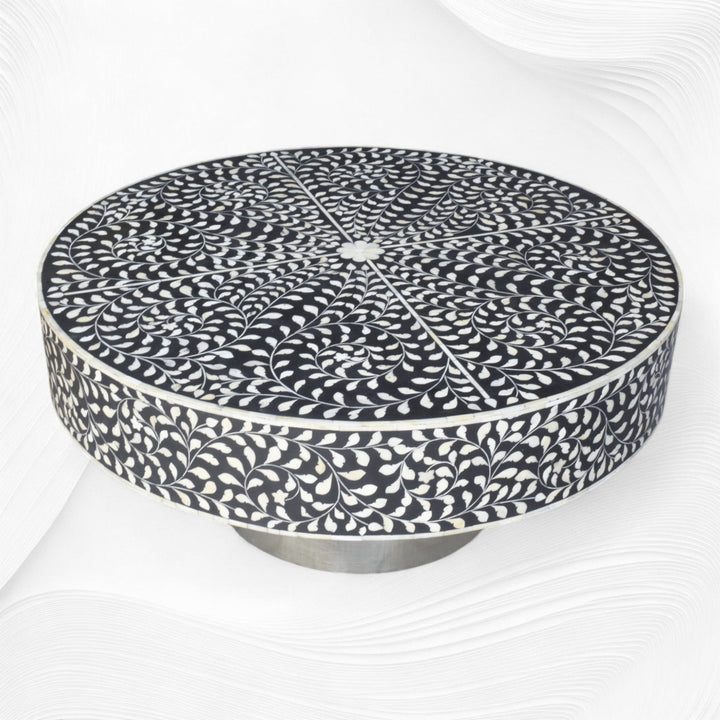 Black Scroll Vine Bone Inlay Coffee Table Silver Base