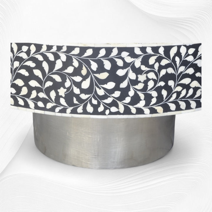 Black Scroll Vine Bone Inlay Coffee Table Silver Base