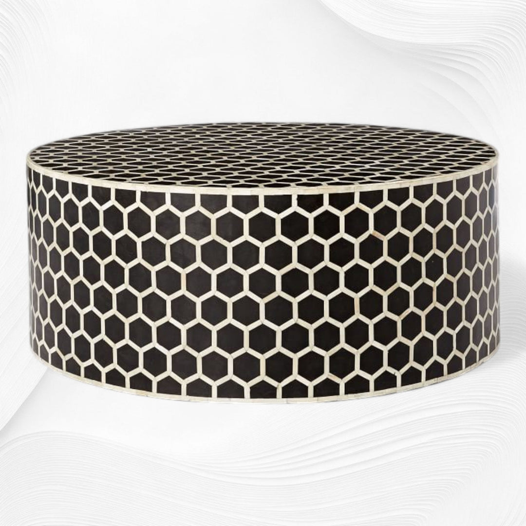 Bone Inlaid Round Coffee Table Honeycomb Black