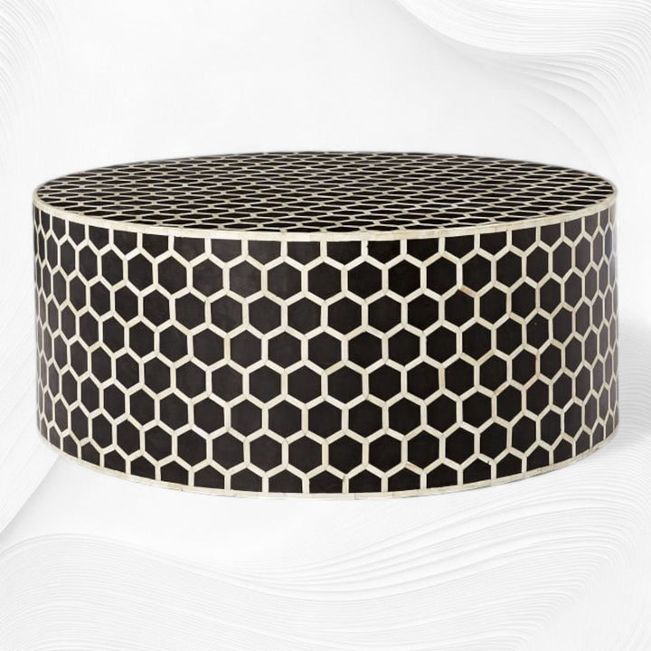 Bone Inlaid Round Coffee Table Honeycomb Black