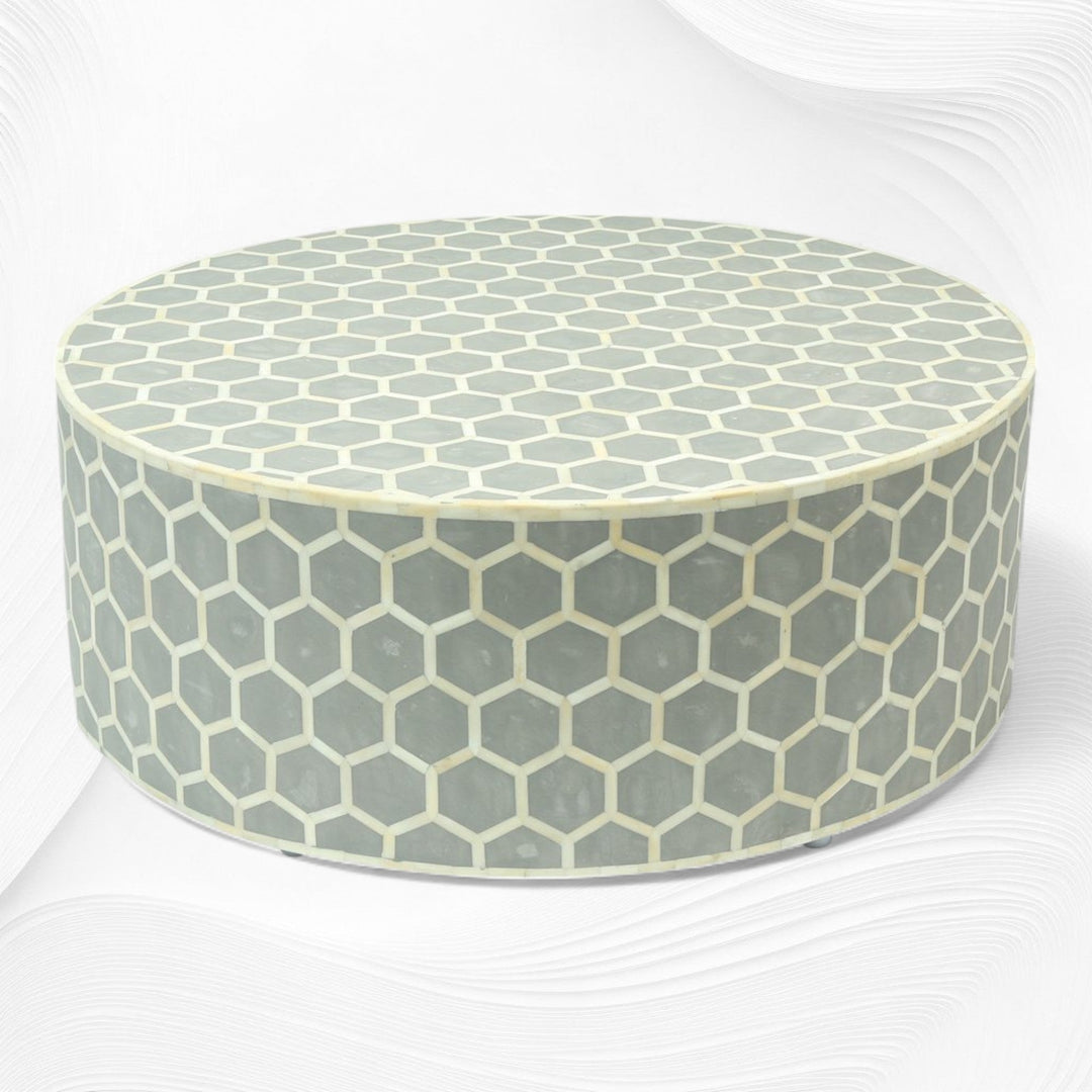 Bone Inlaid Round Coffee Table Honeycomb Grey