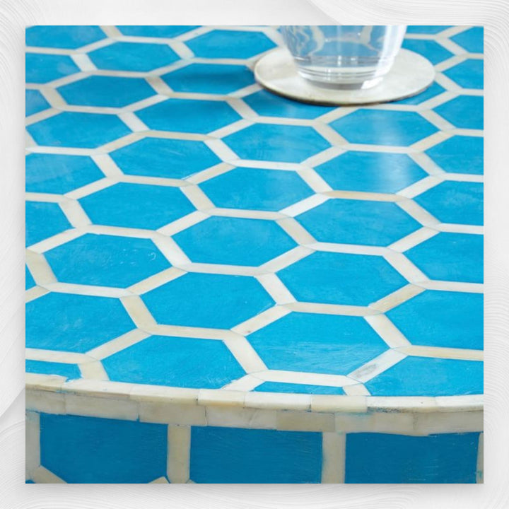 Bone Inlaid Round Coffee Table Honeycomb Turquoise