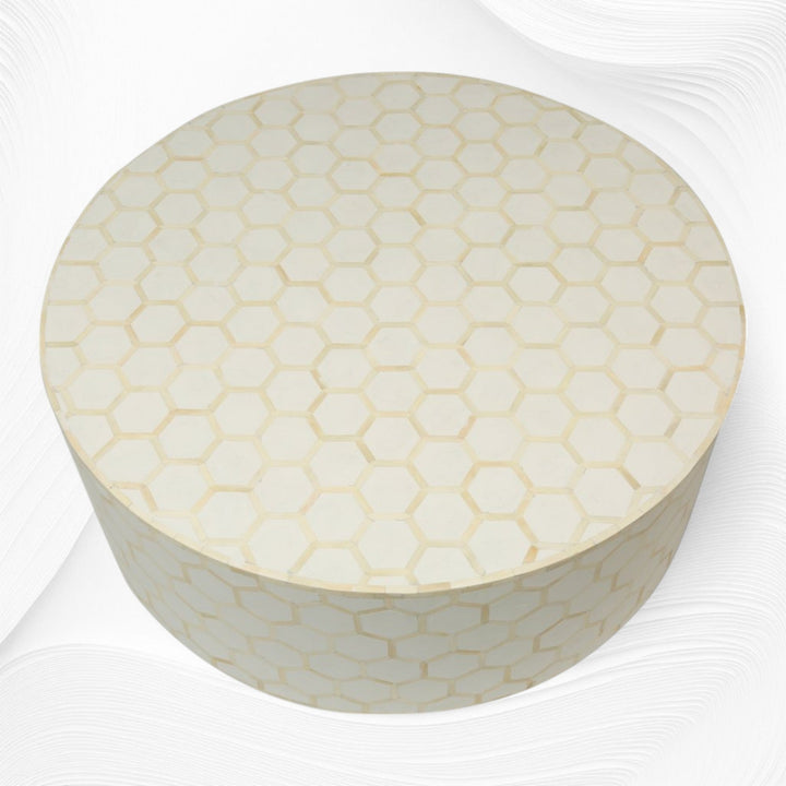 Bone Inlaid Round Coffee Table Honeycomb White