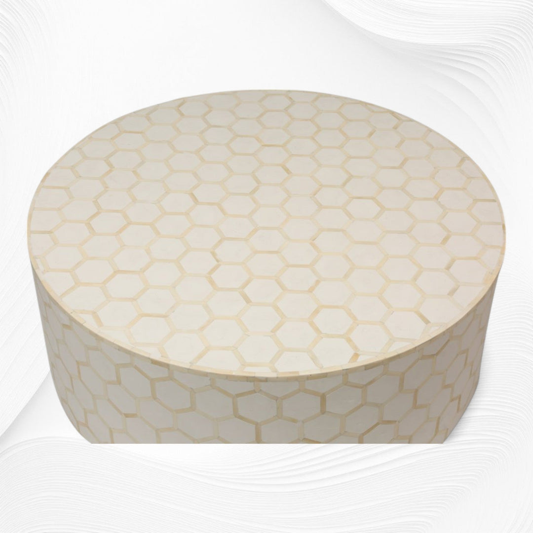 Bone Inlaid Round Coffee Table Honeycomb White