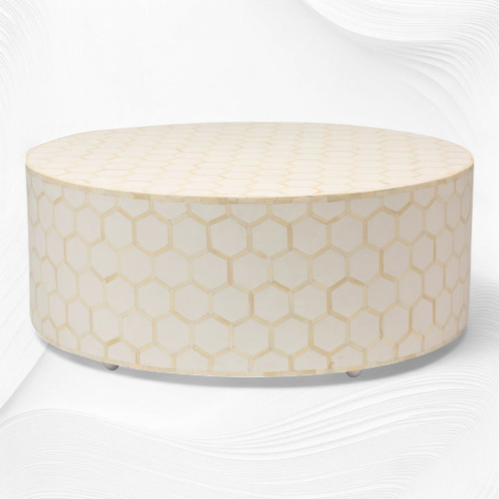 Bone Inlaid Round Coffee Table Honeycomb White