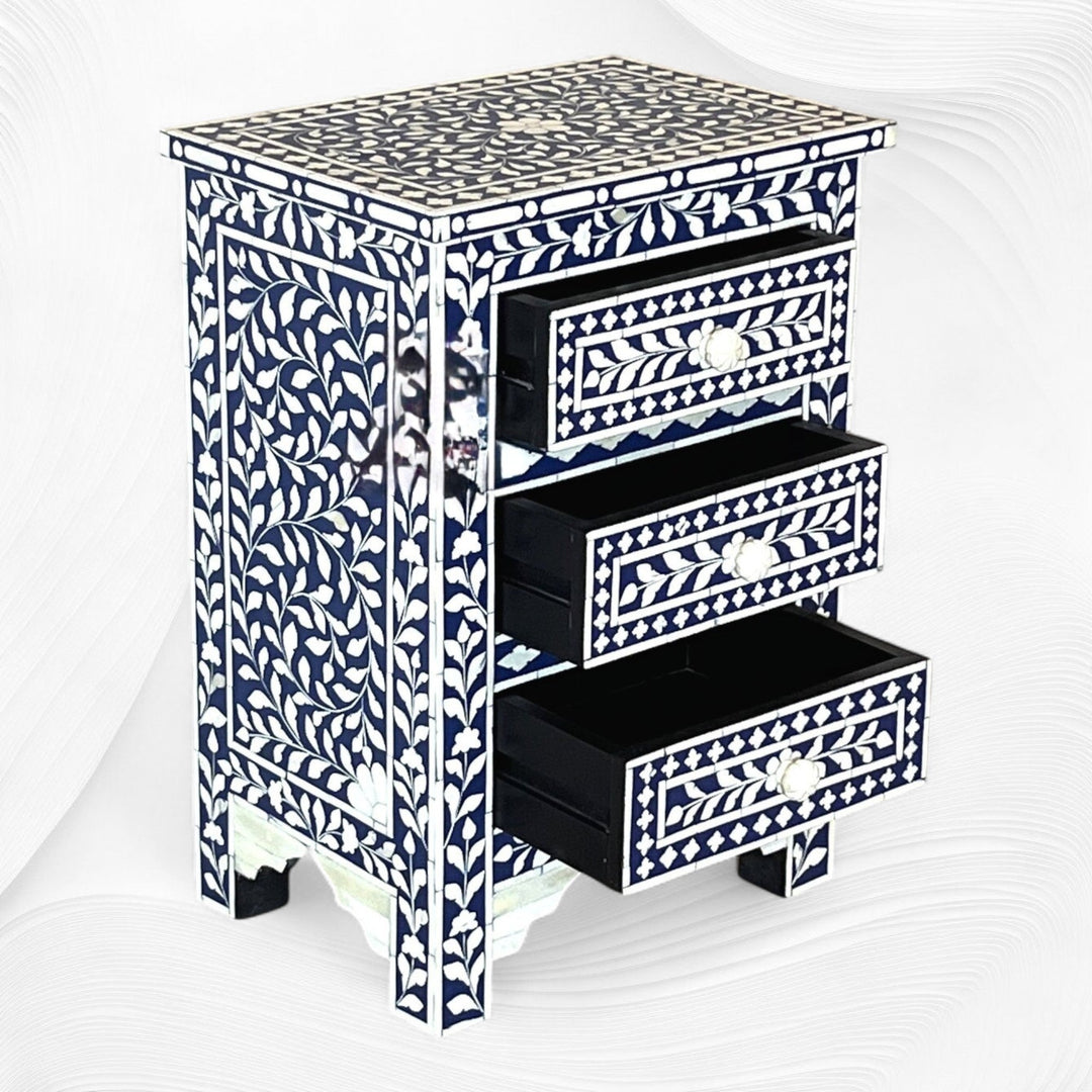 Bone Inlay Floral 3 Drawers Bedside Blue | Bone Inlay Nightstands