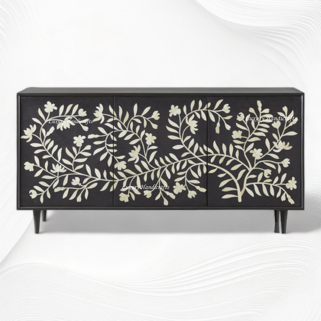 Bone Flower Media Console Black Finish | Bone Inlay Entertainment Unit
