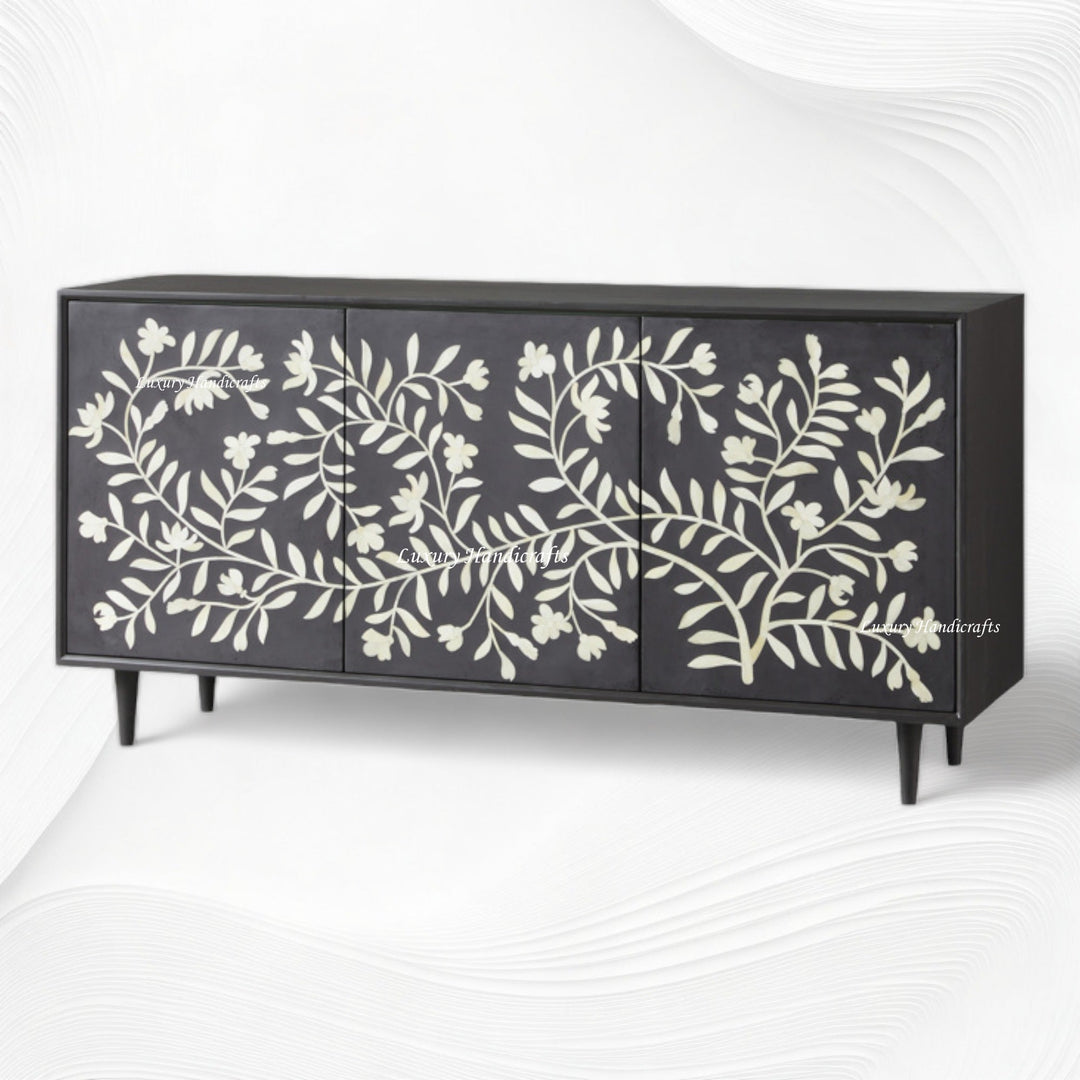 Bone Flower Media Console Black Finish | Bone Inlay Entertainment Unit