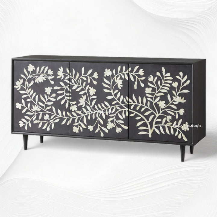 Bone Flower Media Console Black Finish | Bone Inlay Entertainment Unit