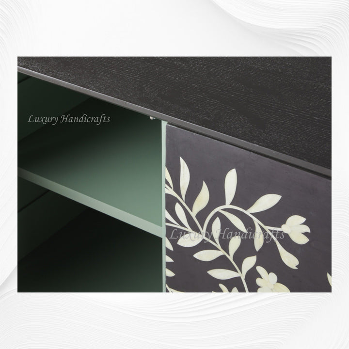Bone Flower Media Console Black Finish | Bone Inlay Entertainment Unit