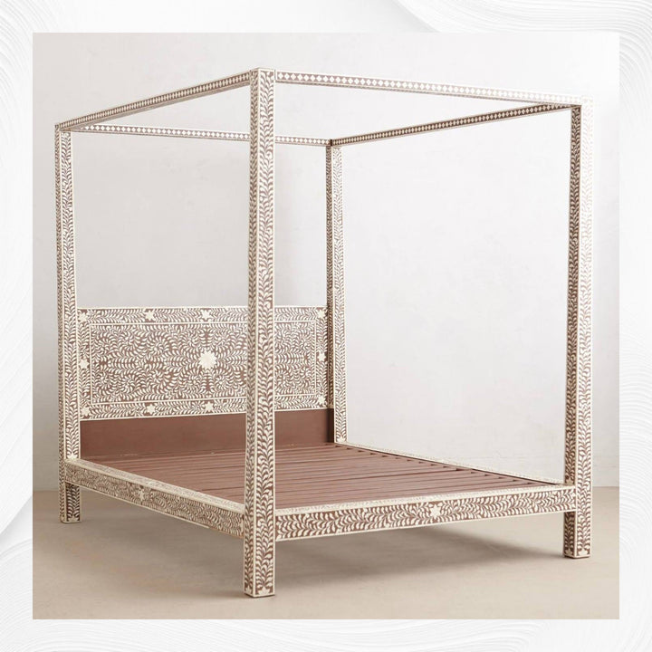 Bone Inlay Four Poster Bed Brown
