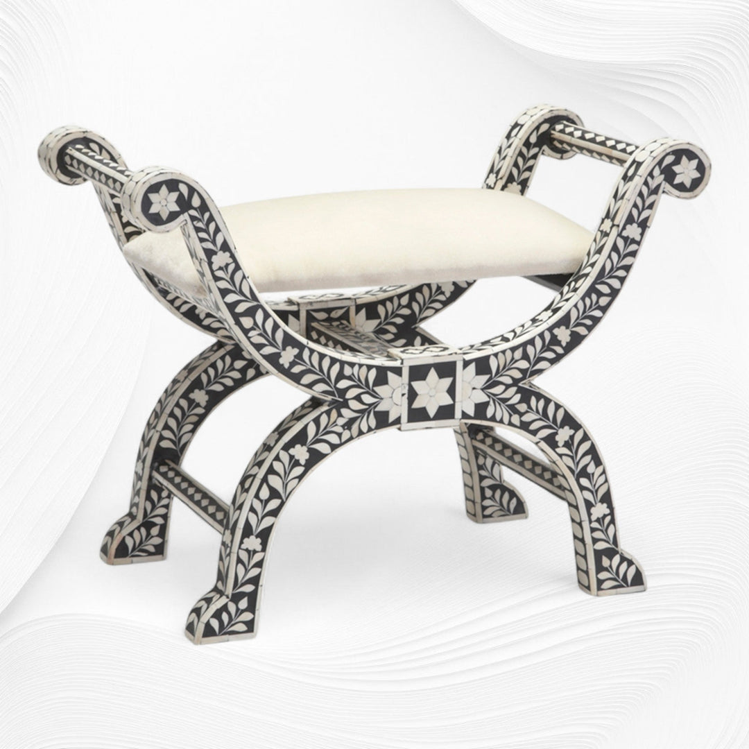 Bone Inlay Jenny Stool Floral Design Black