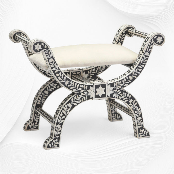 Bone Inlay Jenny Stool Floral Design Black