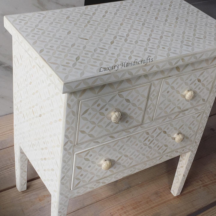 Geometric Bone Inlay 3 Drawer Nightstand White