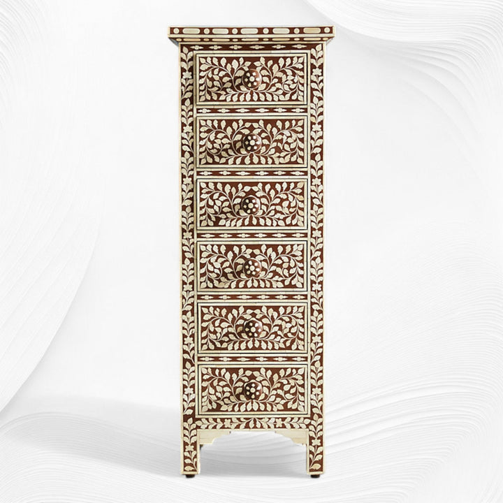 Brown Bone Inlay 6 Drawer Floral Lingerie Chest