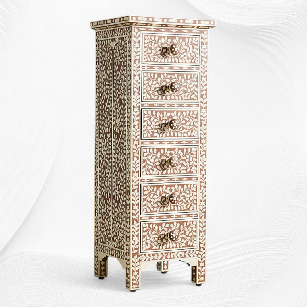 Brown Bone Inlay 6 Drawer Floral Lingerie Chest