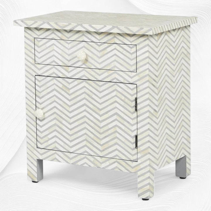 Chevron Bone Inlay Bedside 1 Drawer 1 Door Grey