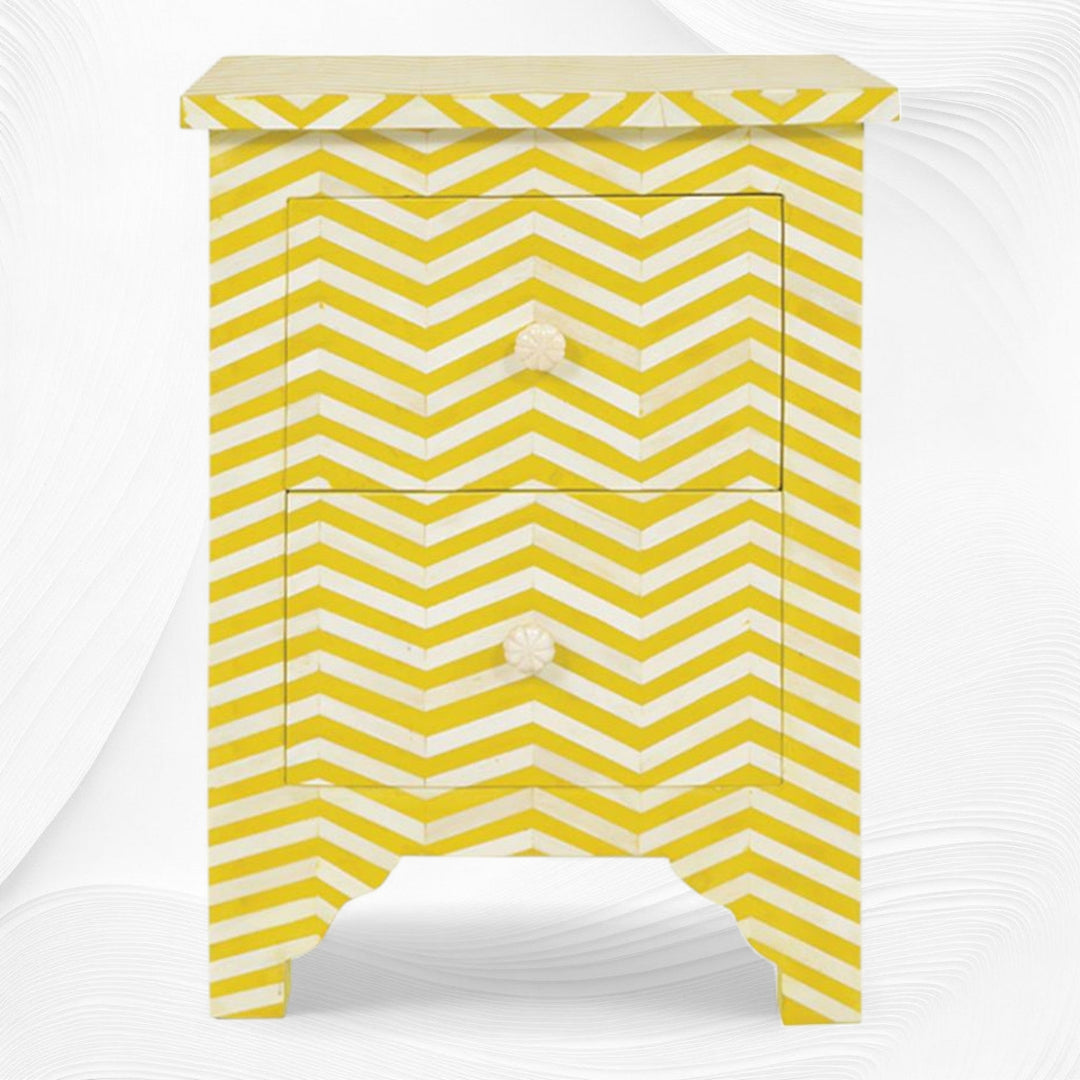 Chevron Bone Inlay Bedside 2 Drawer Yellow