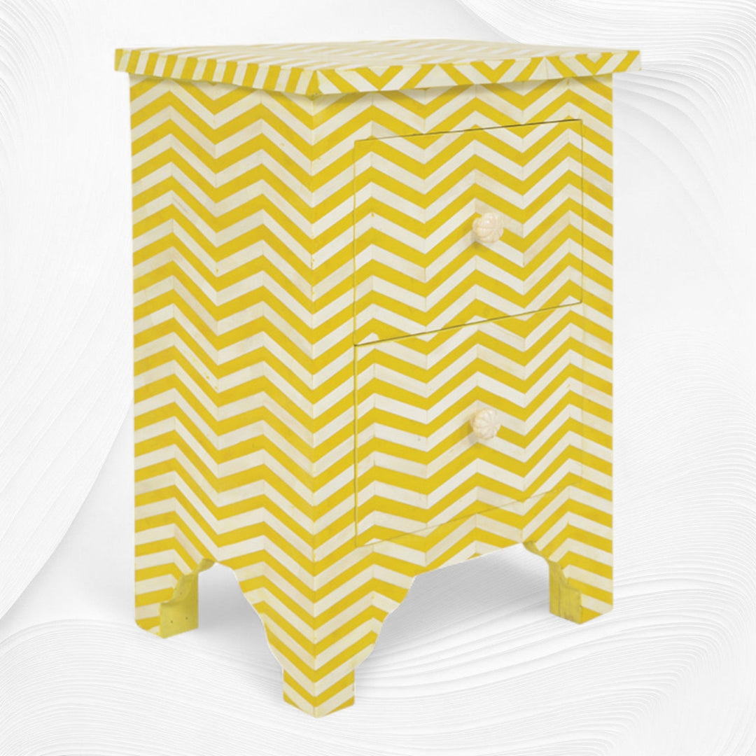 Chevron Bone Inlay Bedside 2 Drawer Yellow