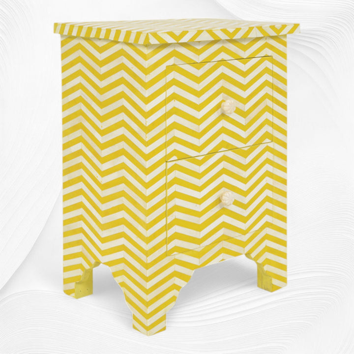 Chevron Bone Inlay Bedside 2 Drawer Yellow