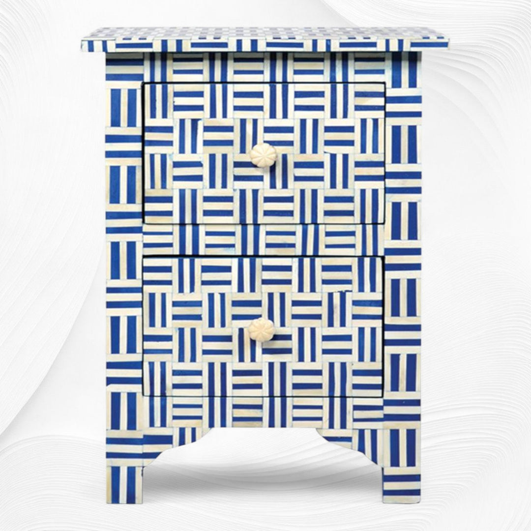 Cross Hatch Bone Inlay Bedside 2 Drawer Dark Blue