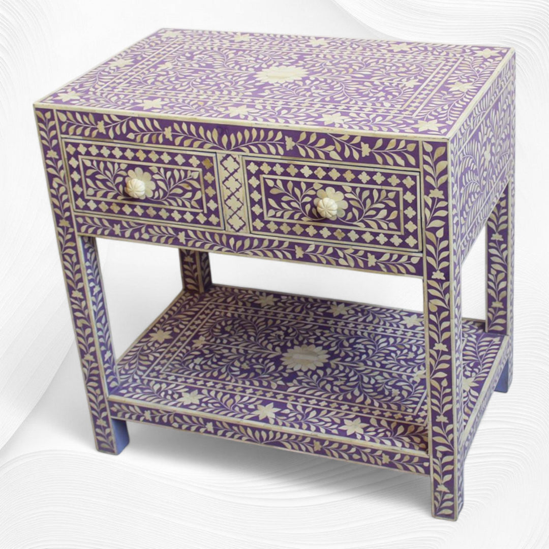 Dark Lavender Bone Inlay 2 Drawer 1 Shelf Bedside