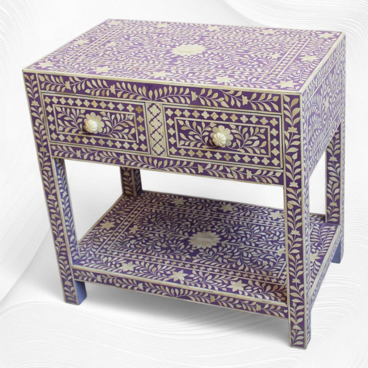 Dark Lavender Bone Inlay 2 Drawer 1 Shelf Bedside