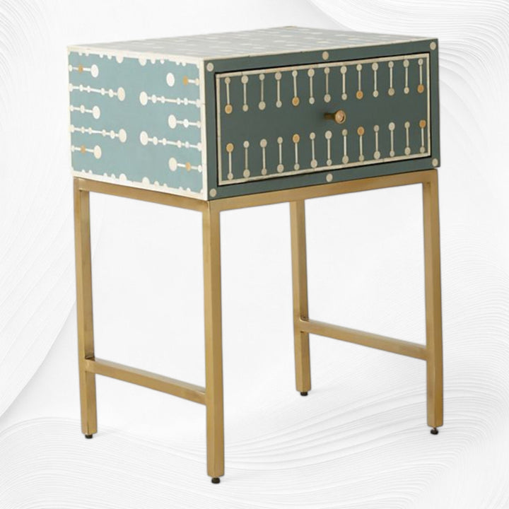 Dot Bone Inlay Nightstand 1 Drawer Dark Green