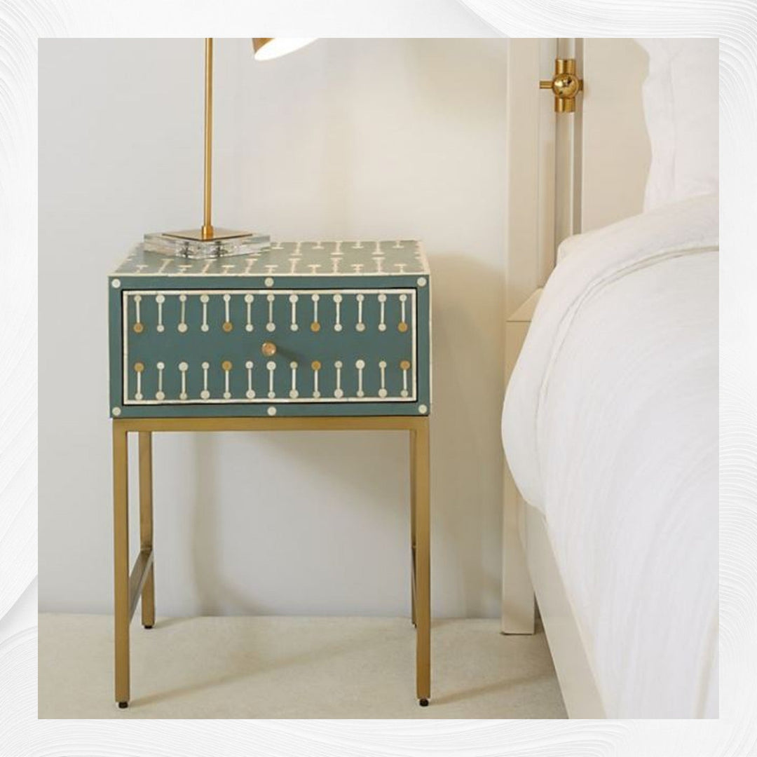 Dot Bone Inlay Nightstand 1 Drawer Dark Green