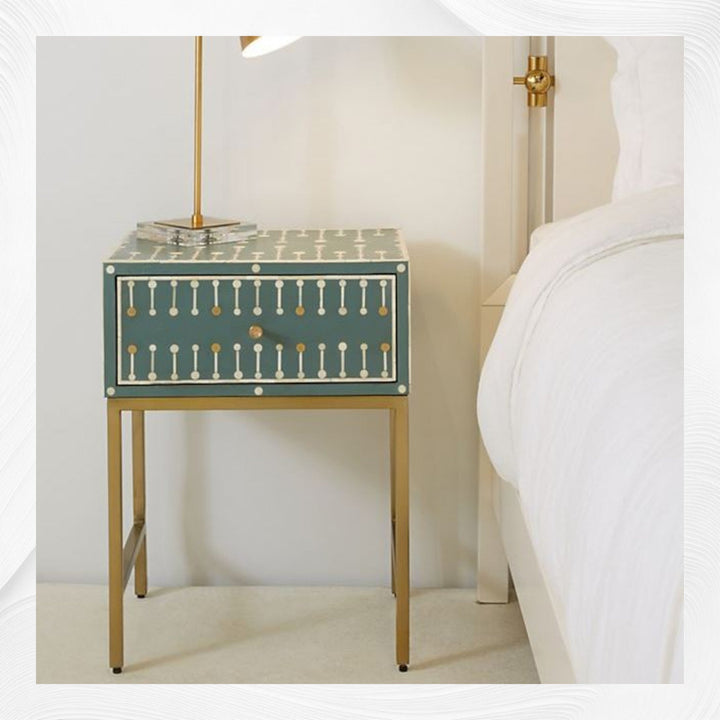 Dot Bone Inlay Nightstand 1 Drawer Dark Green