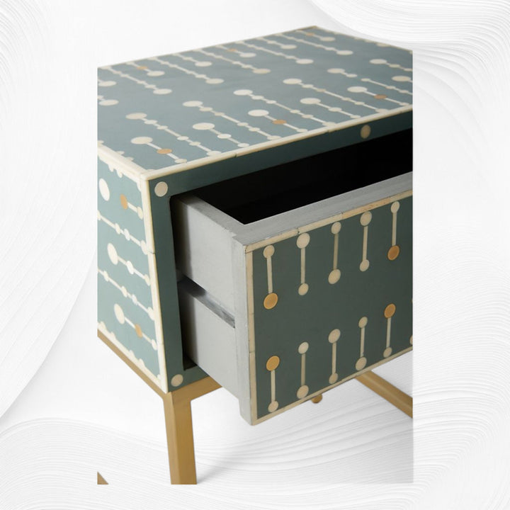 Dot Bone Inlay Nightstand 1 Drawer Dark Green