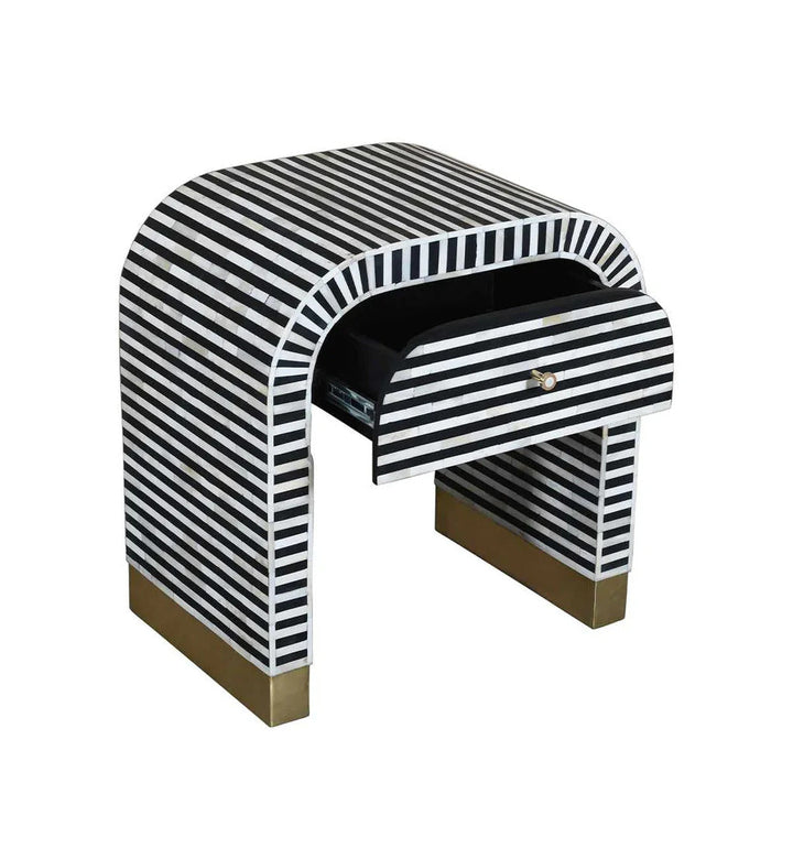 Waterfall Bone Inlay Bedside Table Black & White