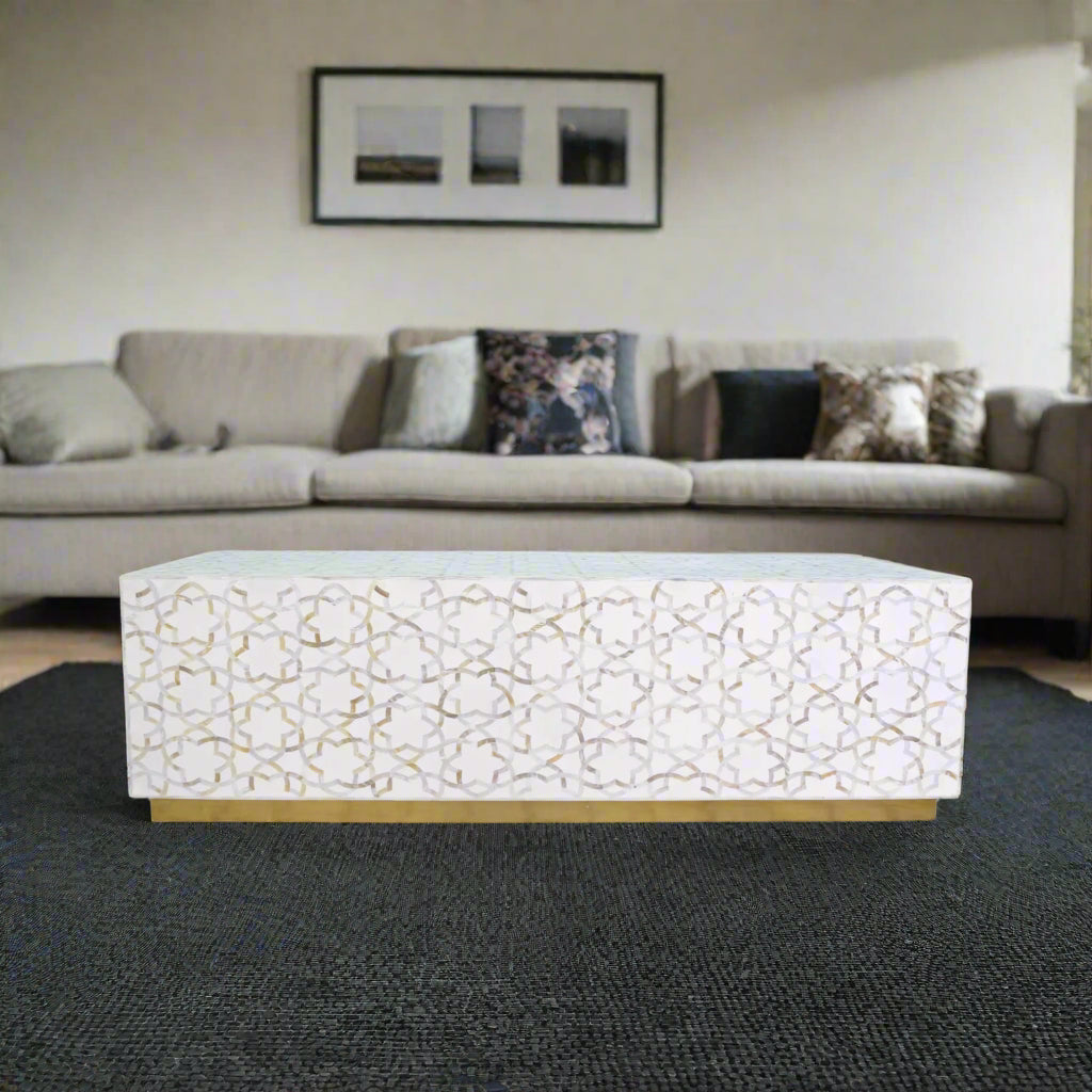 Fez Mother Of Pearl Inlay Rectangle Center Table White